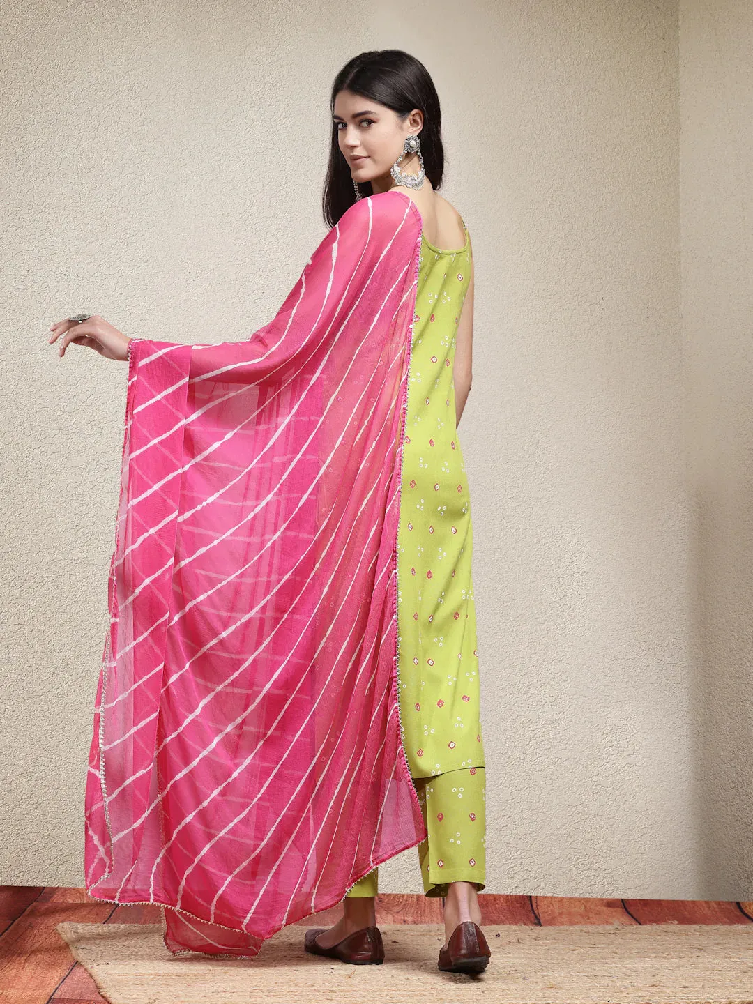 Women's Bandhej Printed Rayon Straight Kurta Pant Dupatta Set-KPDGREENVILLA
