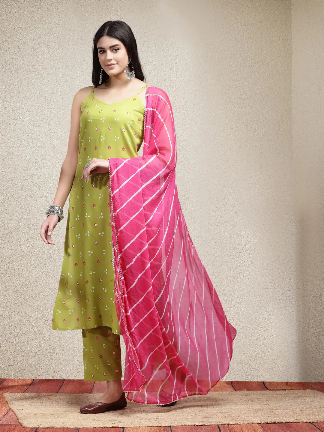 Women's Bandhej Printed Rayon Straight Kurta Pant Dupatta Set-KPDGREENVILLA