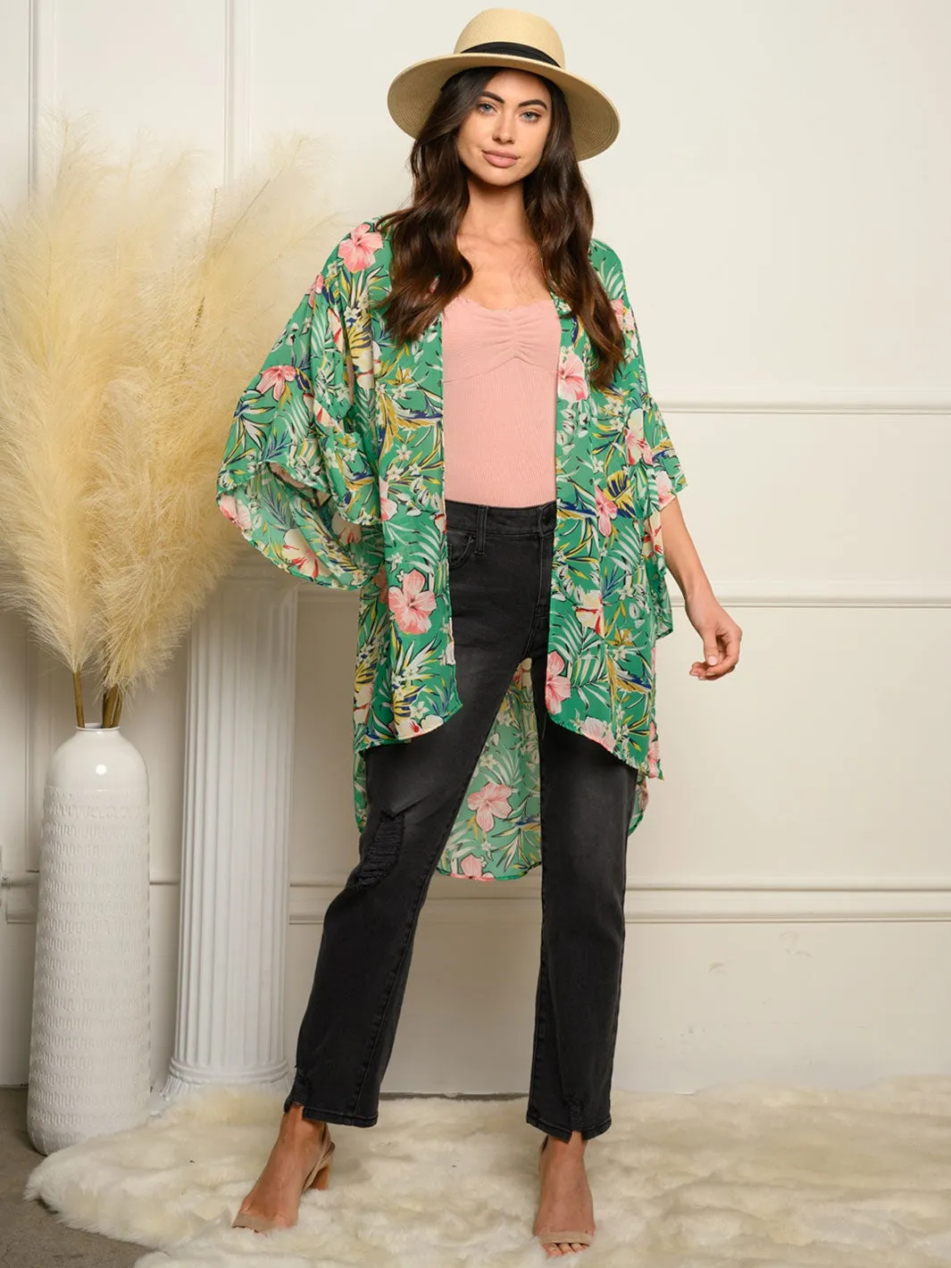 WOMEN'S BELL SLEEVE FLORAL KIMONO