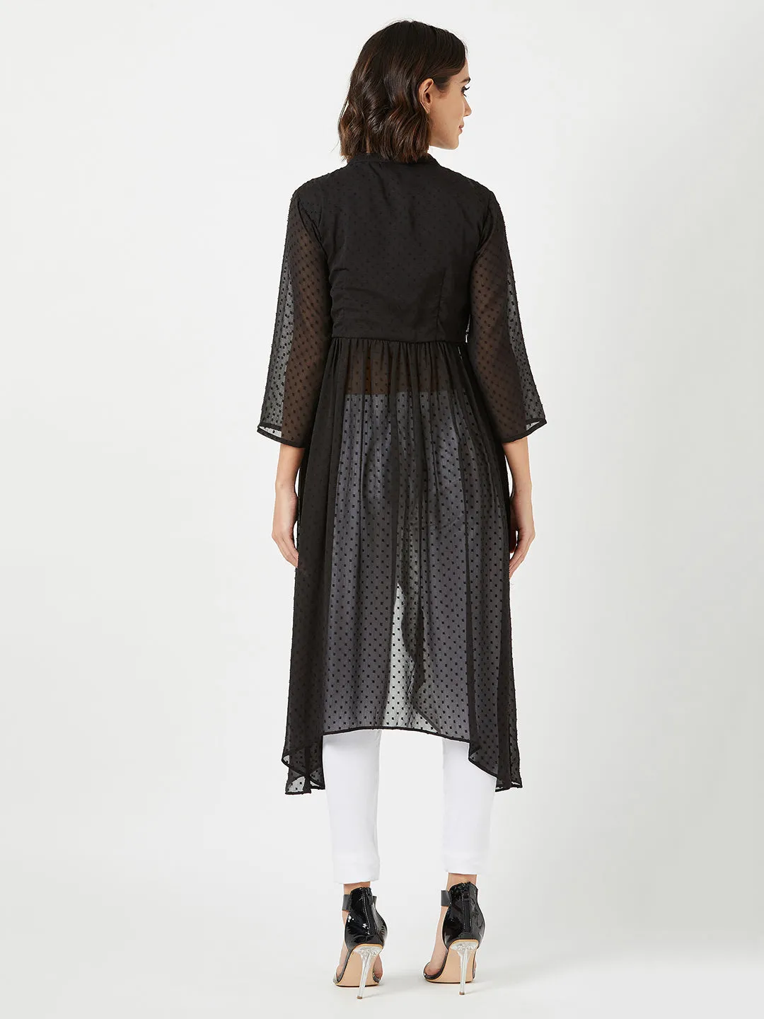 Women's Black Mandarin Collar 3/4 Sleeves Solid Front-Open Maxi Top