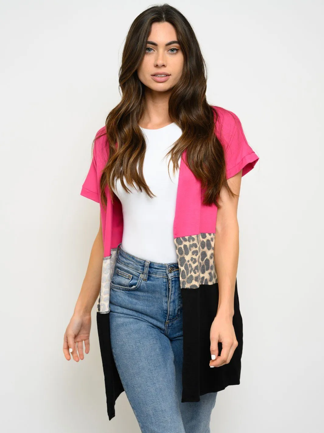 WOMEN'S COLOR BLOCK ANIMAL PRINT CARDIGAN