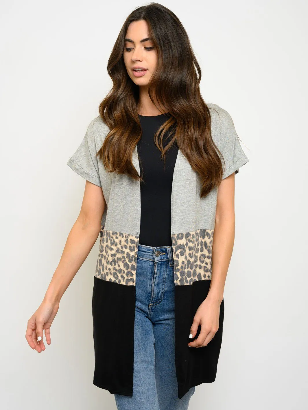 WOMEN'S COLOR BLOCK ANIMAL PRINT CARDIGAN