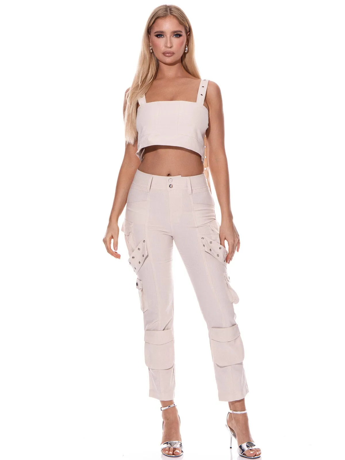 WOMEN'S CROP TOP & BUTTON CLOSURE PANTS LINEN 2PC SET