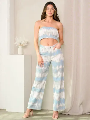 WOMEN'S CROP TOP & WIDE LEG PANTS TIE DYE DENIM 2PC SET
