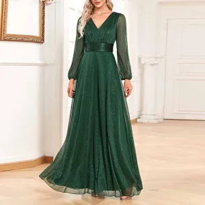 Women's Dark Green A-line Long Sleeve V-Neck Chiffon Mother of The Bride Dress