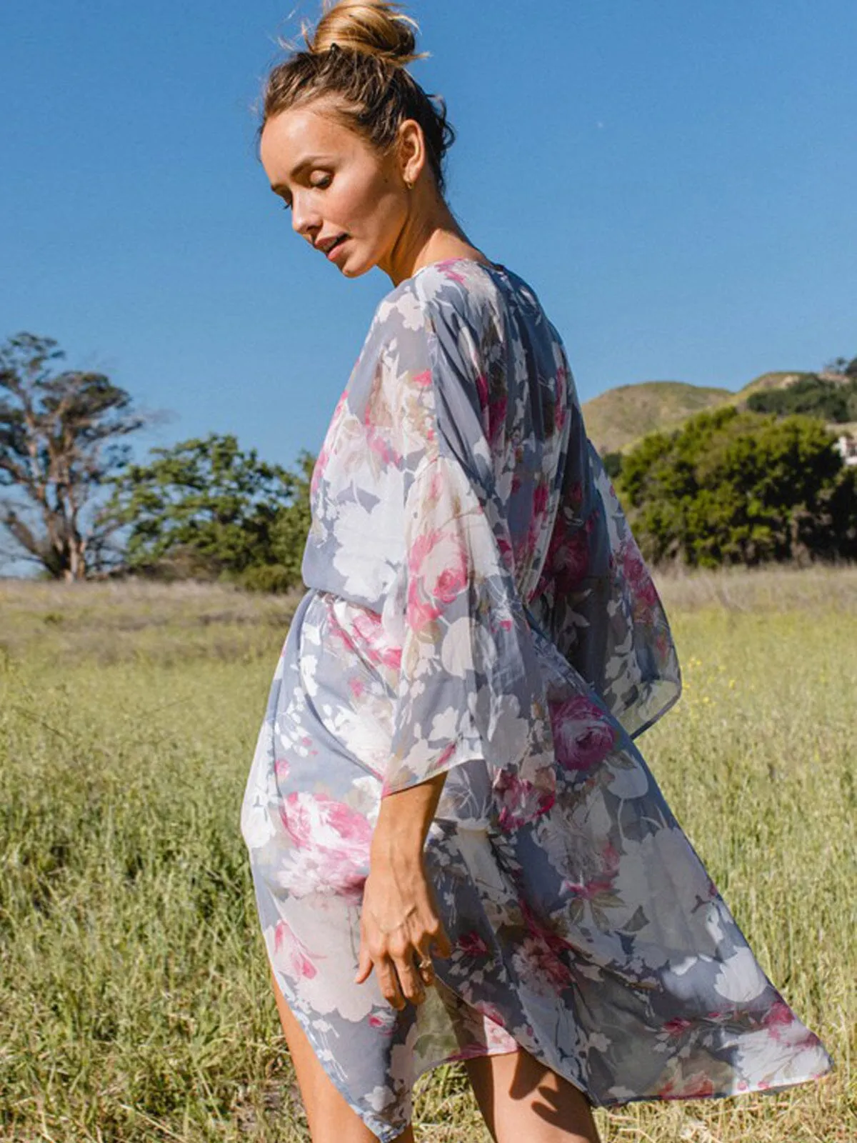 WOMEN'S DRAPE SLEEVE FLORAL SELF TIE CARDIGAN