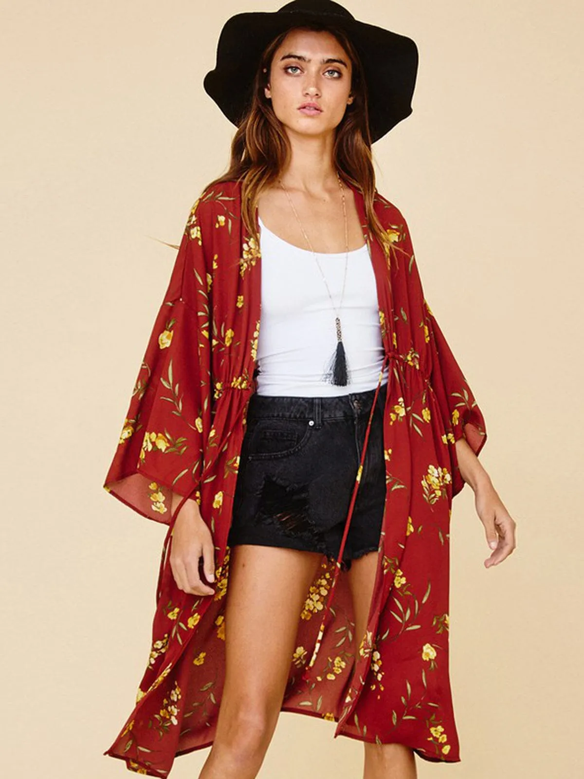 WOMEN'S DRAPE SLEEVE FLORAL SELF TIE CARDIGAN