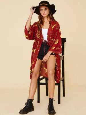 WOMEN'S DRAPE SLEEVE FLORAL SELF TIE CARDIGAN