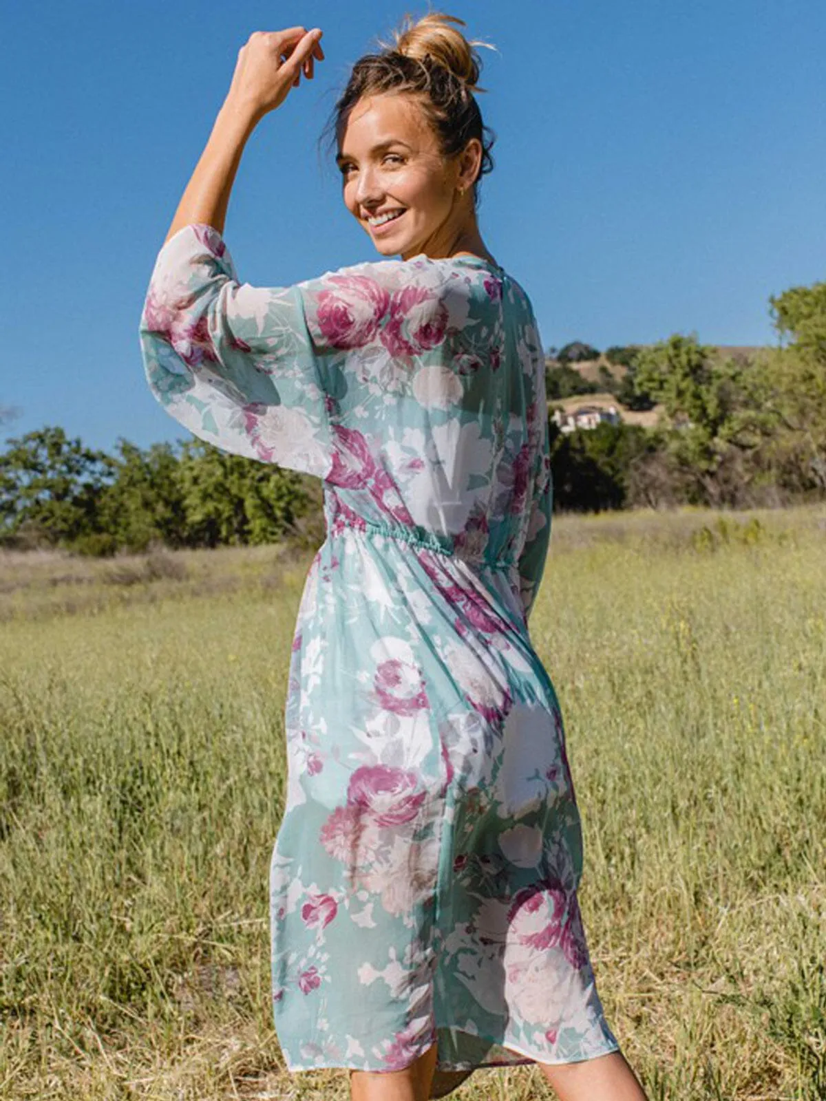 WOMEN'S DRAPE SLEEVE FLORAL SELF TIE CARDIGAN