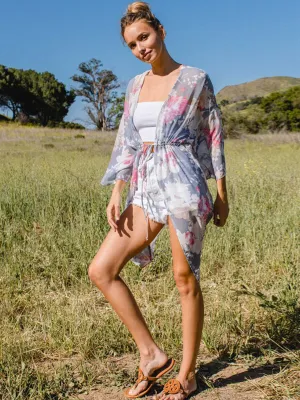 WOMEN'S DRAPE SLEEVE FLORAL SELF TIE CARDIGAN