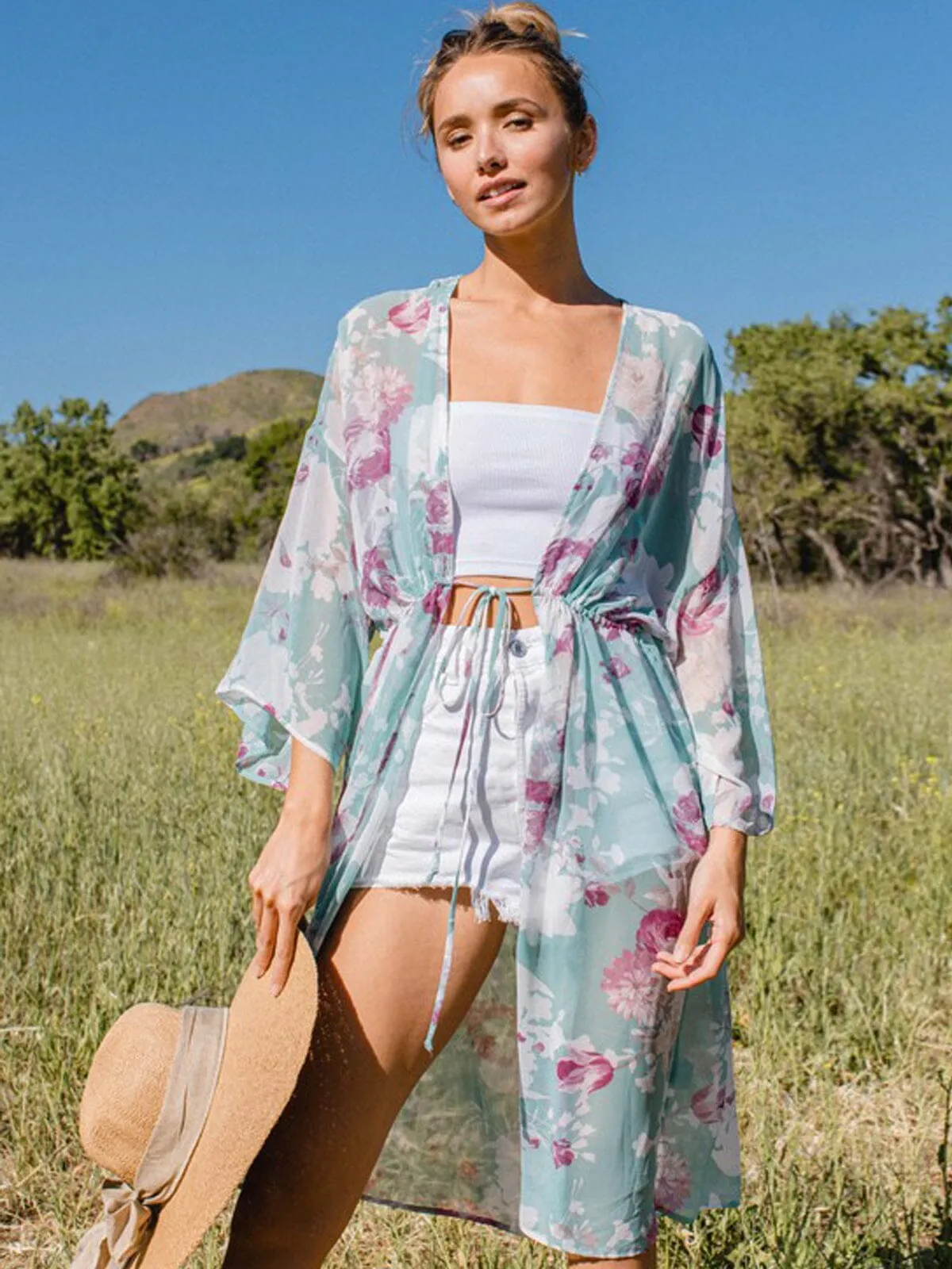 WOMEN'S DRAPE SLEEVE FLORAL SELF TIE CARDIGAN