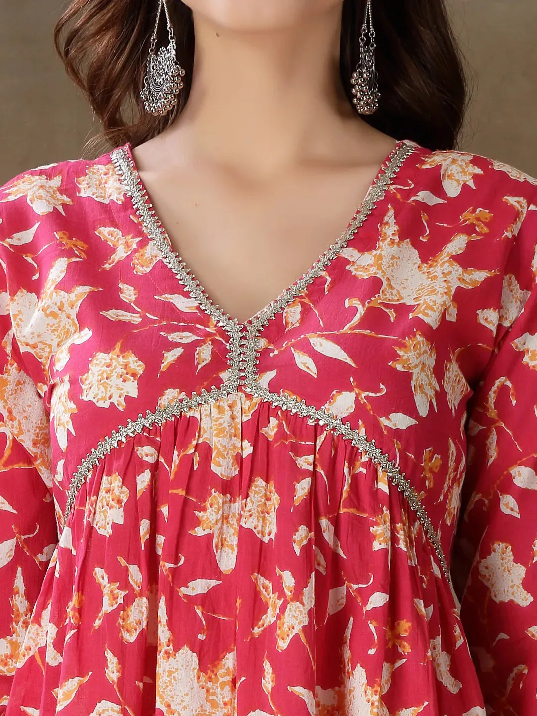 Women's Floral Printed Cotton Pleated Kurta Palazzo Dupatta Set-KPDPINKZAYLA