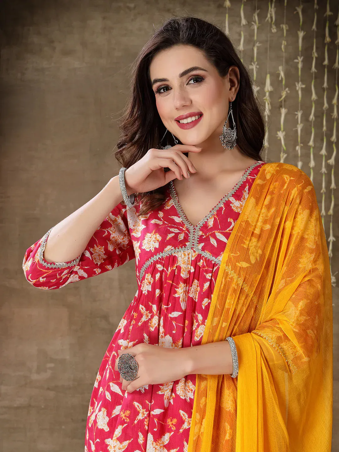 Women's Floral Printed Cotton Pleated Kurta Palazzo Dupatta Set-KPDPINKZAYLA