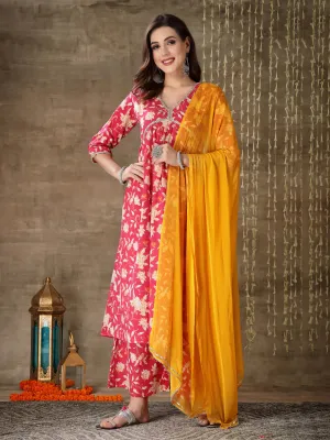 Women's Floral Printed Cotton Pleated Kurta Palazzo Dupatta Set-KPDPINKZAYLA
