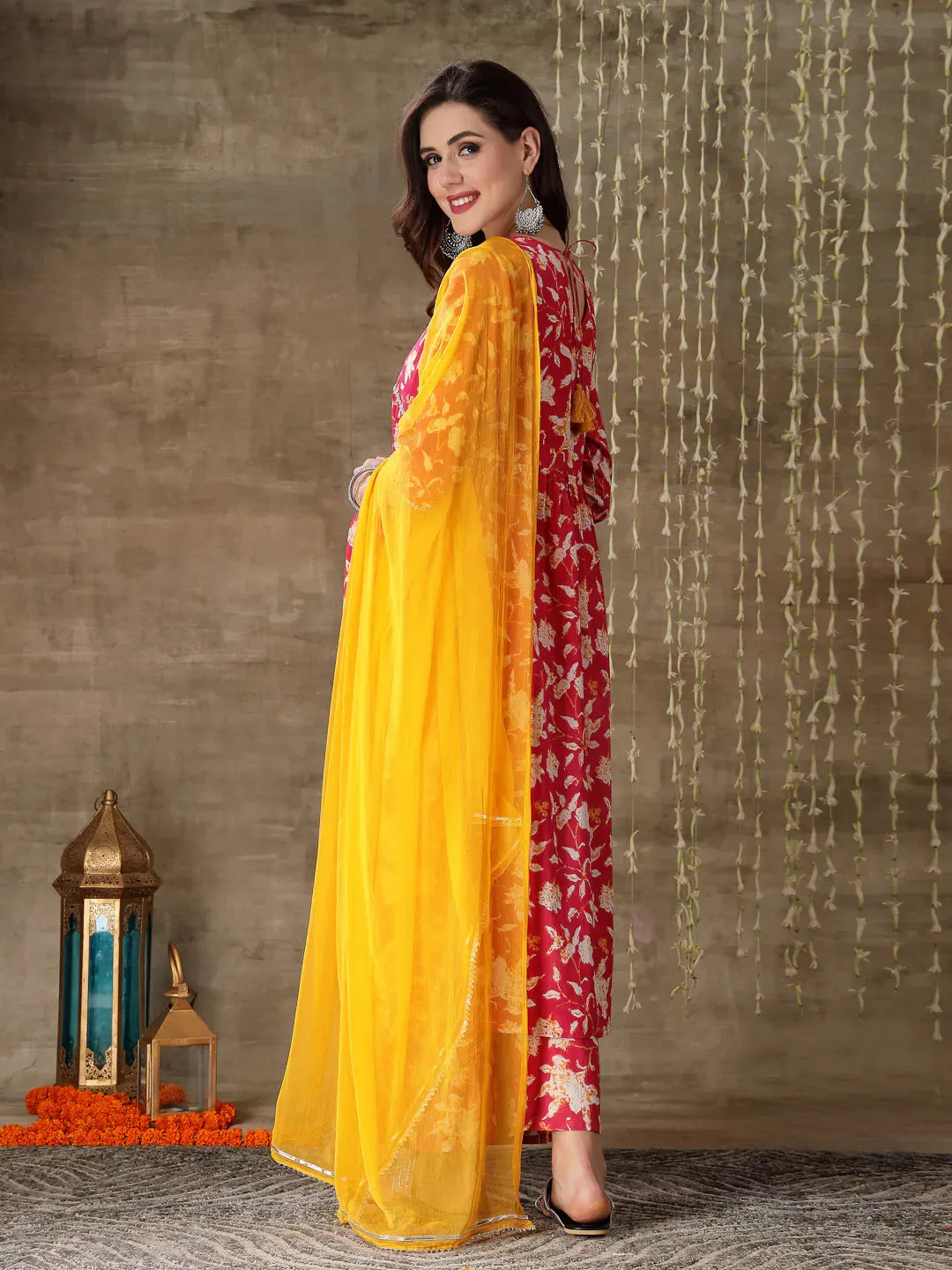 Women's Floral Printed Cotton Pleated Kurta Palazzo Dupatta Set-KPDPINKZAYLA