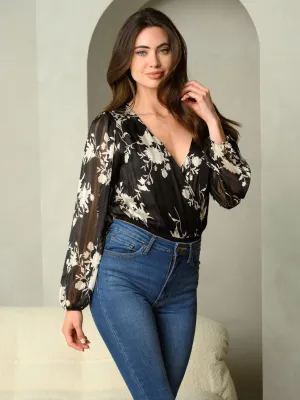 WOMEN'S FLOWER LUREX CHIFFON PRINT LONG SLEEVE WRAP BODYSUIT
