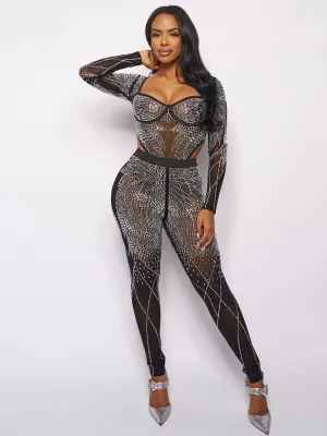 WOMEN'S LONG SLEEVE BODYSUIT & ELASTIC WAIST PANTS MESH STUDS 2PC. SET