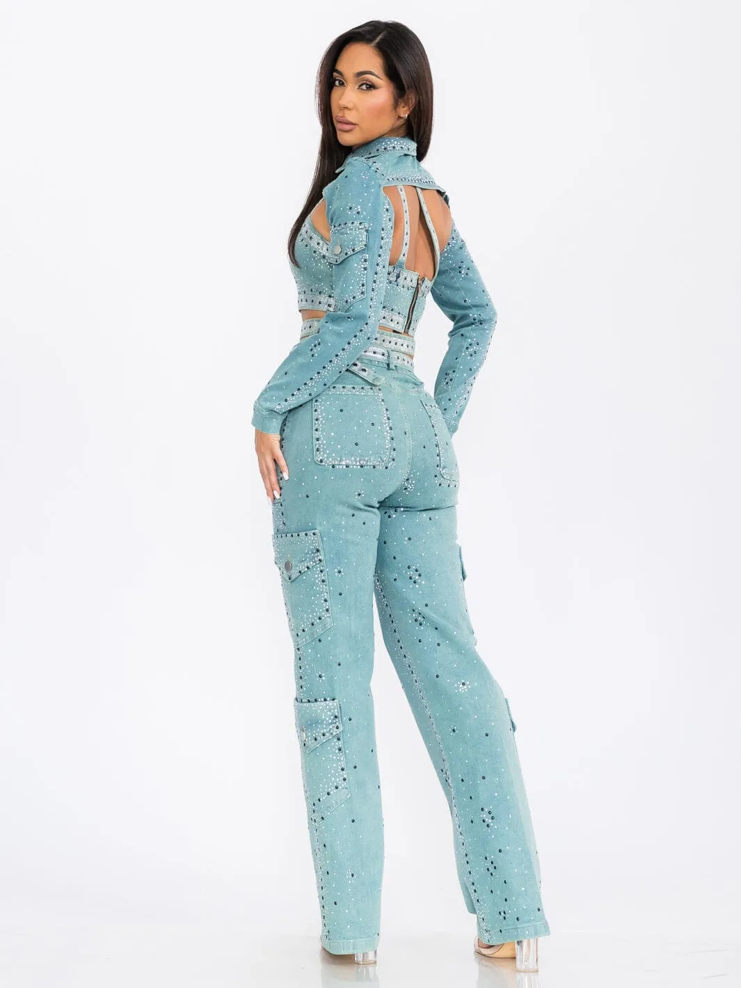 WOMEN'S LONG SLEEVE COVER UP WITH CROP TOP & PANTS STUDS DENIM 3PC. SET