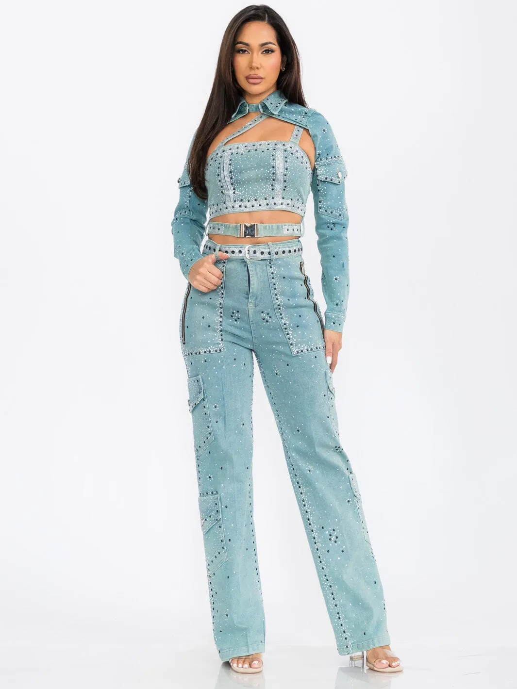 WOMEN'S LONG SLEEVE COVER UP WITH CROP TOP & PANTS STUDS DENIM 3PC. SET