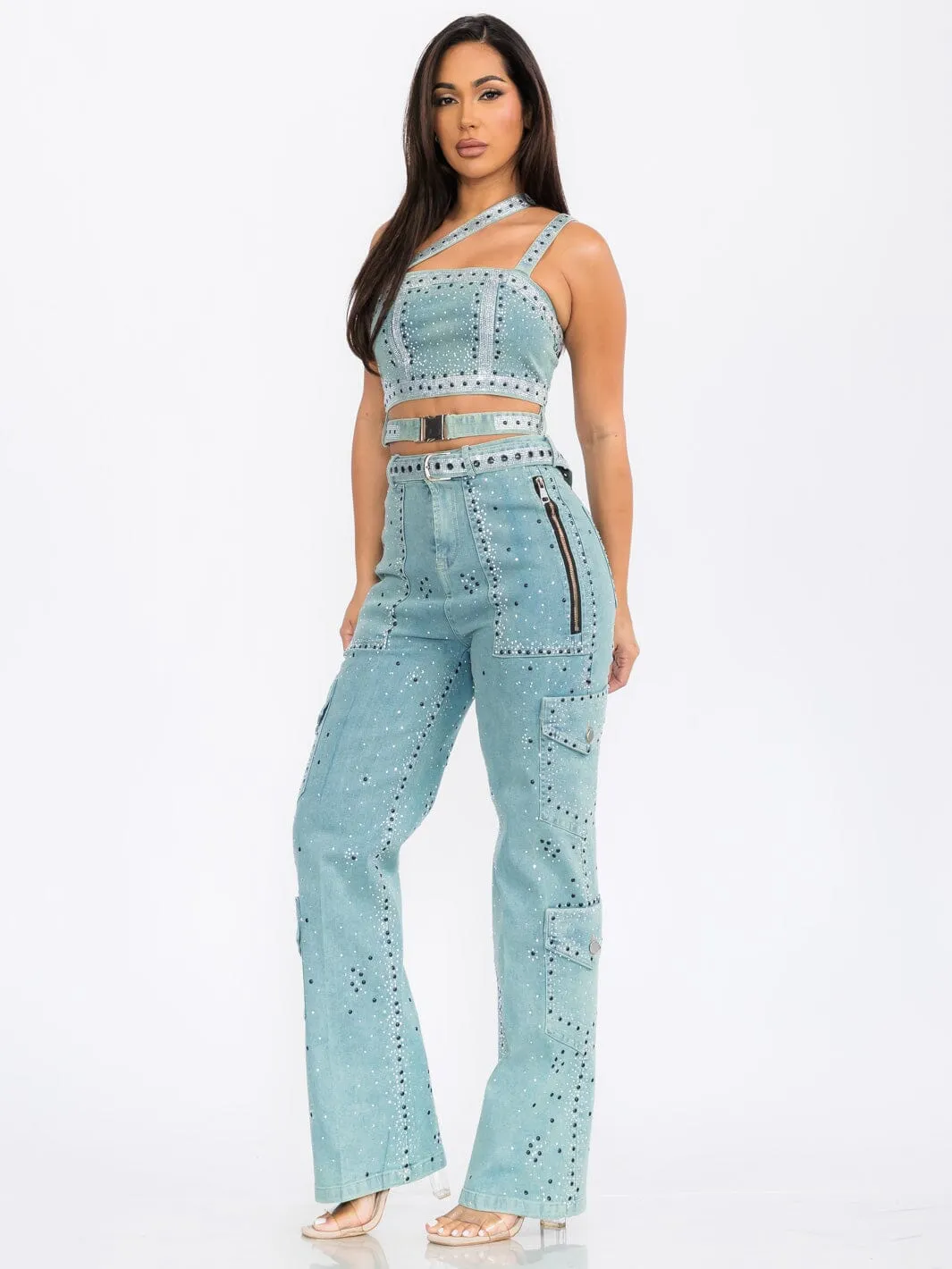 WOMEN'S LONG SLEEVE COVER UP WITH CROP TOP & PANTS STUDS DENIM 3PC. SET