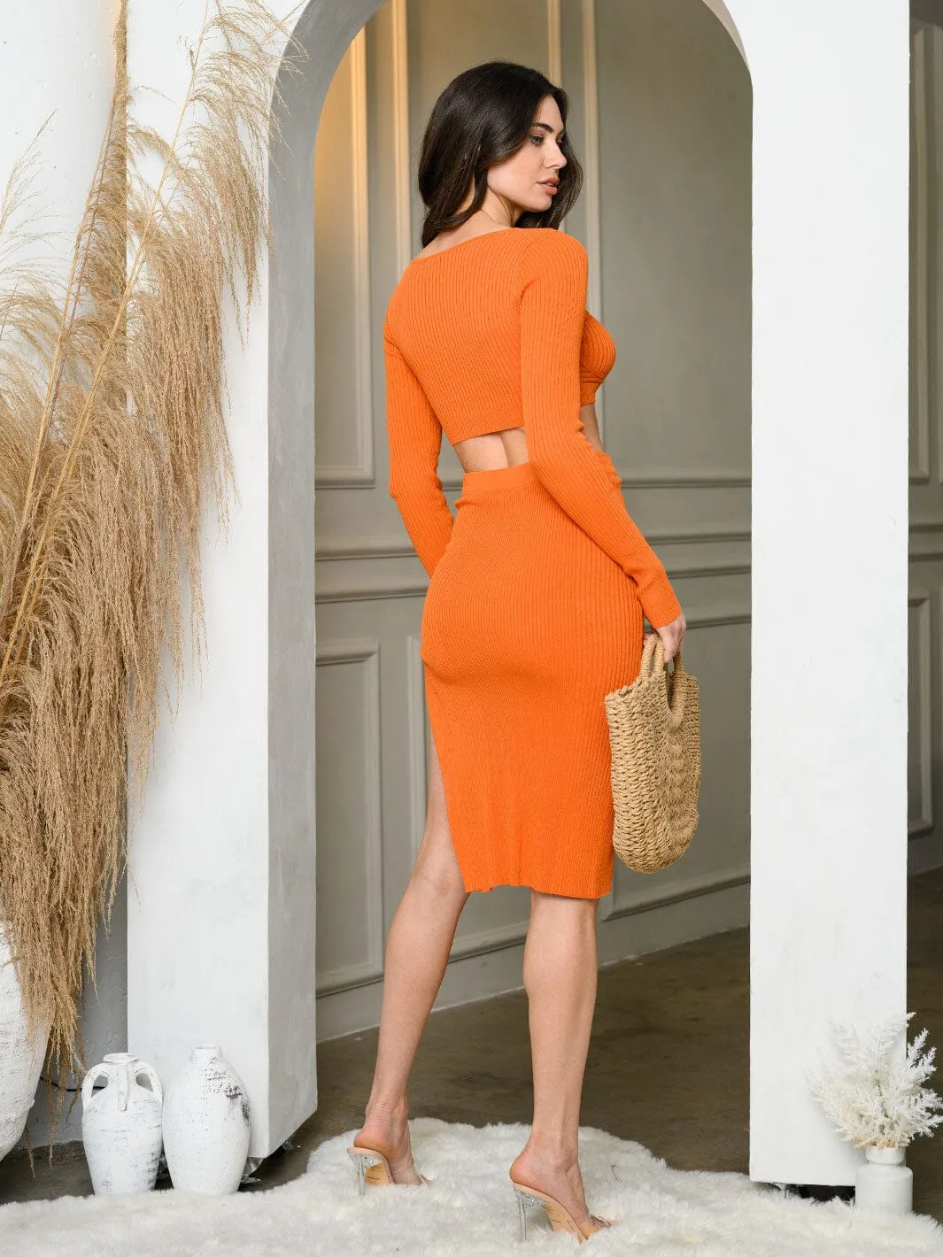 WOMEN'S LONG SLEEVE CROP TOP & SIDE SLIT MIDI SKIRT SET
