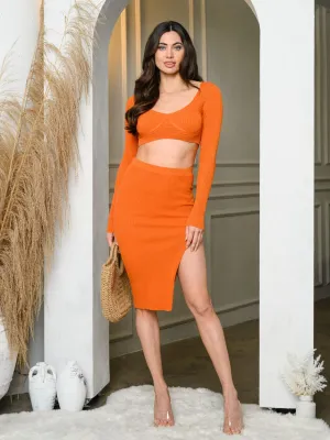 WOMEN'S LONG SLEEVE CROP TOP & SIDE SLIT MIDI SKIRT SET