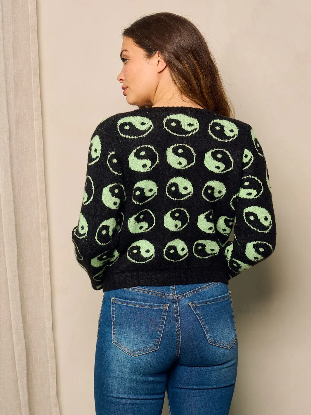 WOMEN'S LONG SLEEVE FRONT POCKETS OPEN FRONT PRINTED CARDIGAN