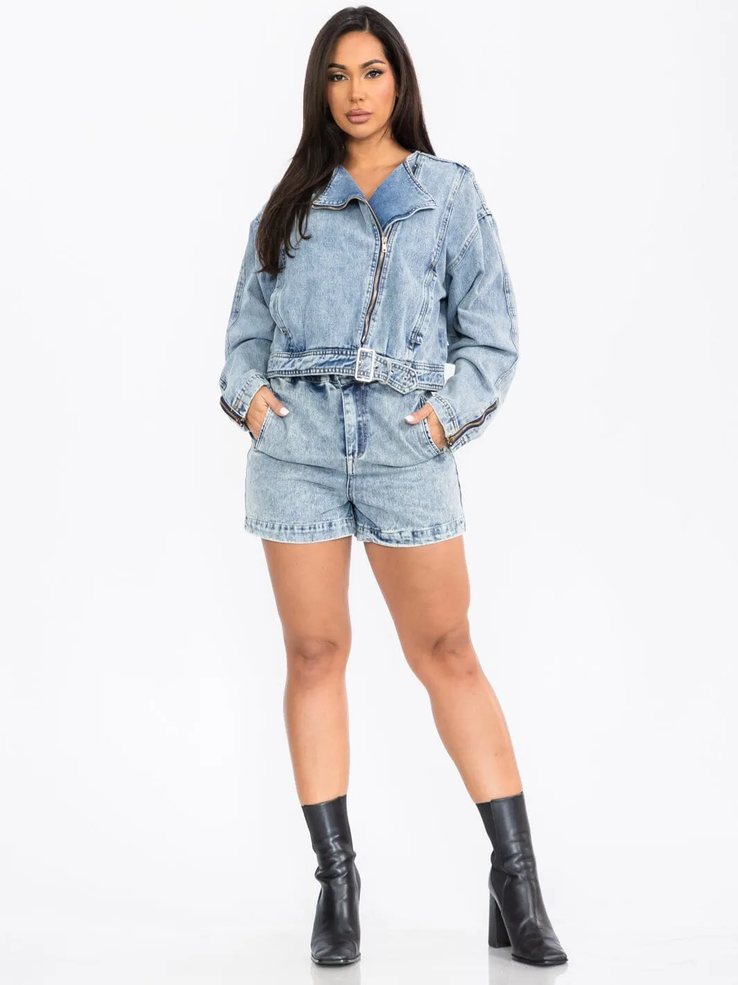 WOMEN'S LONG SLEEVE JACKET & BUTTON CLOSURE SHORTS DENIM 2PC. SET