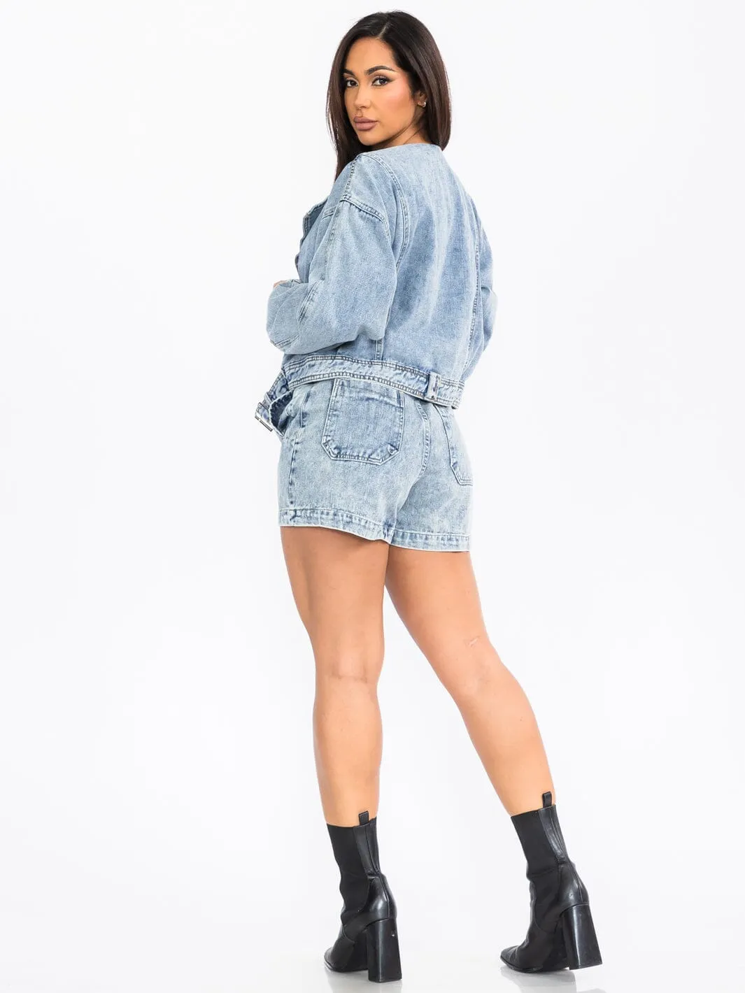 WOMEN'S LONG SLEEVE JACKET & BUTTON CLOSURE SHORTS DENIM 2PC. SET