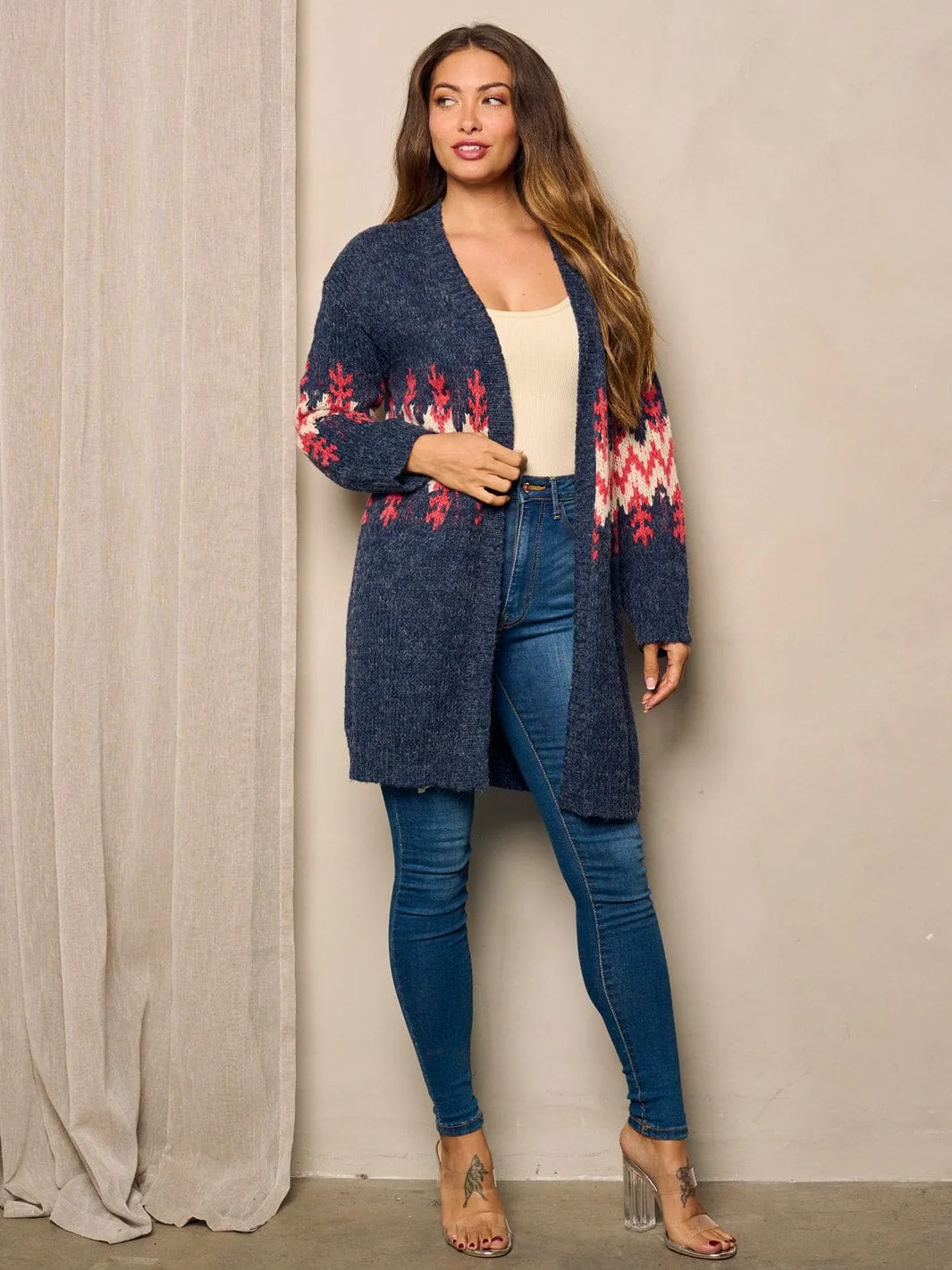 WOMEN'S LONG SLEEVE OPEN FRONT PRINTED CARDIGAN