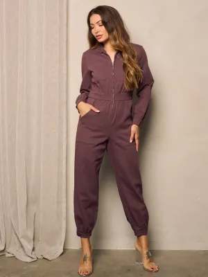 WOMEN'S LONG SLEEVE POCKETS ZIP UP DENIM JUMPSUIT