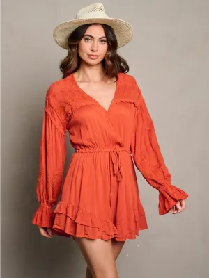 WOMEN'S LONG SLEEVE SURPLICE RUFFLE ROMPER