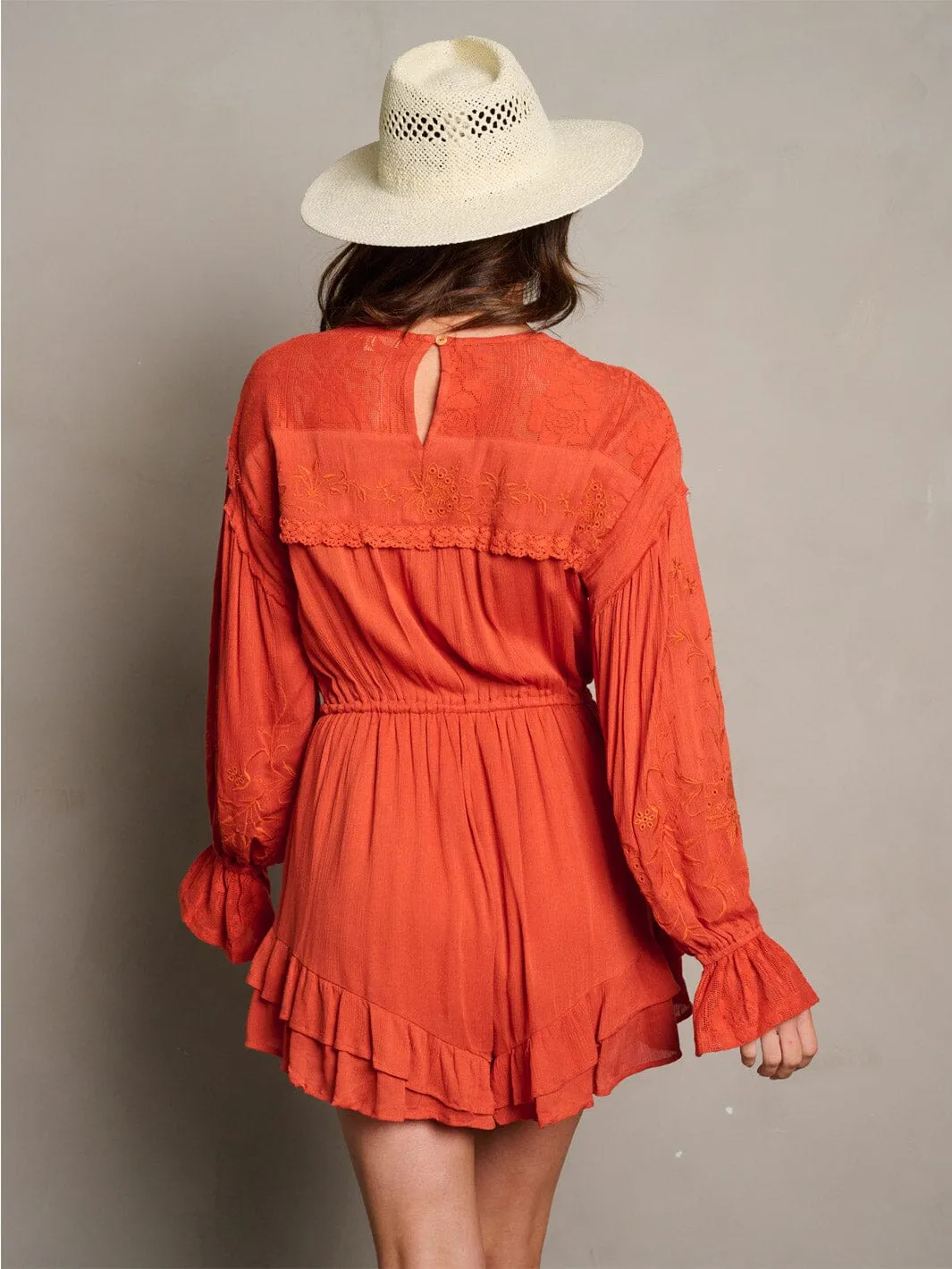 WOMEN'S LONG SLEEVE SURPLICE RUFFLE ROMPER