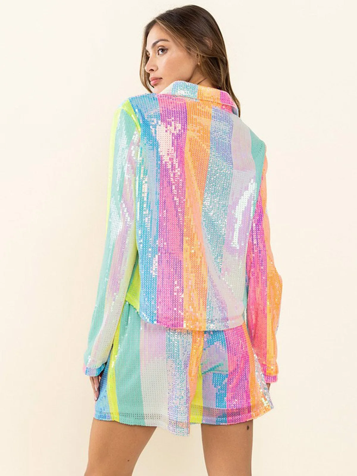 WOMEN'S LONG SLEEVE TOP & POCKETS SHORTS SEQUINS 2PC SET