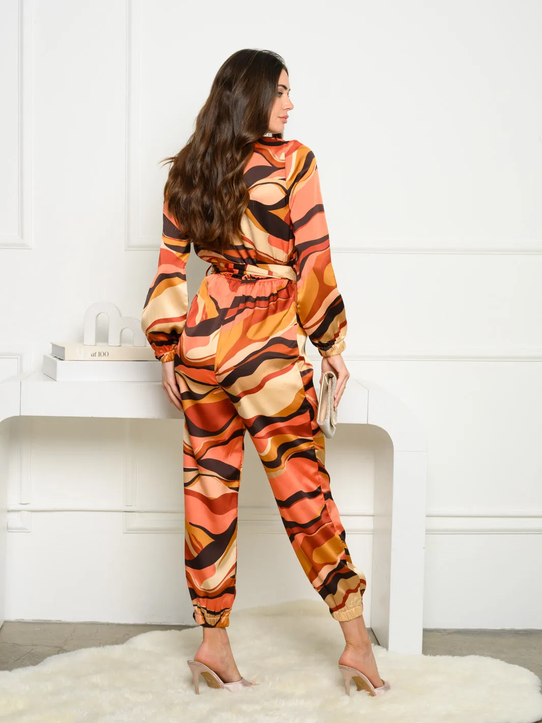 WOMEN'S LONG SLEEVE V-NECK MULTI PRINT JUMPSUIT