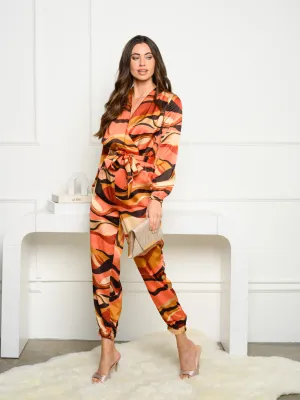 WOMEN'S LONG SLEEVE V-NECK MULTI PRINT JUMPSUIT