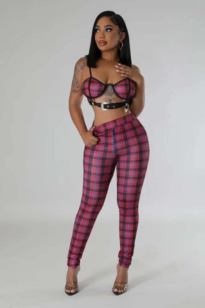 Women's Plaid Strap Bra Top High Waisted Red/Blue Pant Set