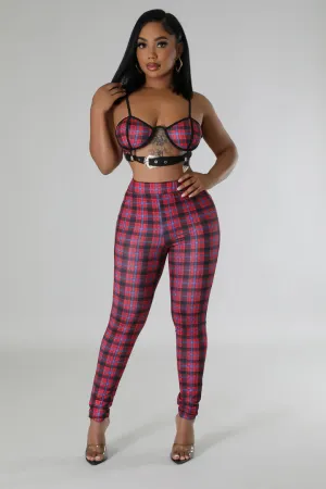 Women's Plaid Strap Bra Top High Waisted Red/Blue Pant Set