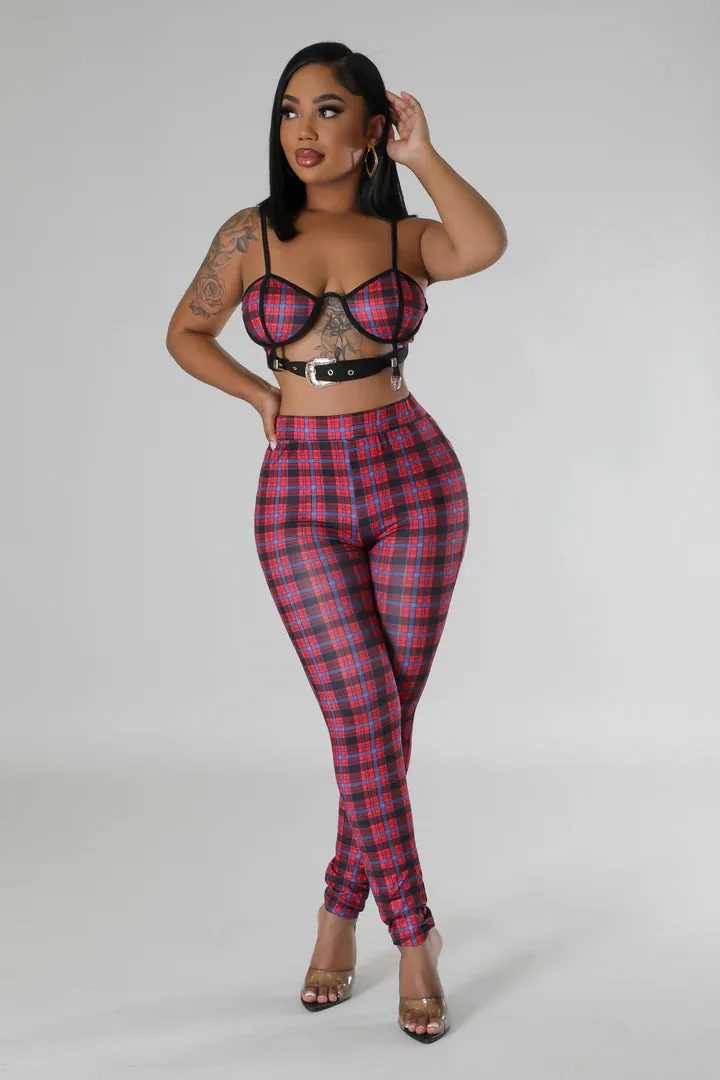 Women's Plaid Strap Bra Top High Waisted Red/Blue Pant Set