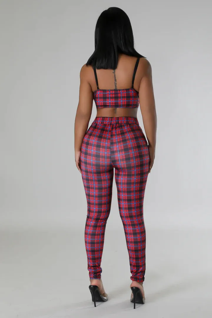 Women's Plaid Strap Bra Top High Waisted Red/Blue Pant Set