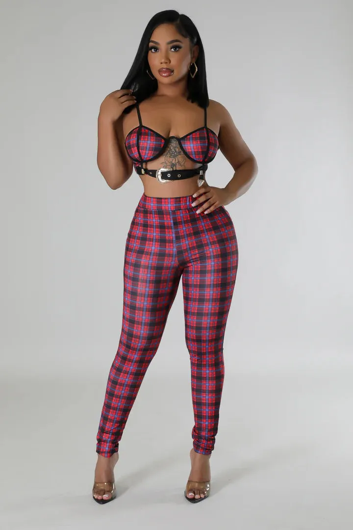 Women's Plaid Strap Bra Top High Waisted Red/Blue Pant Set