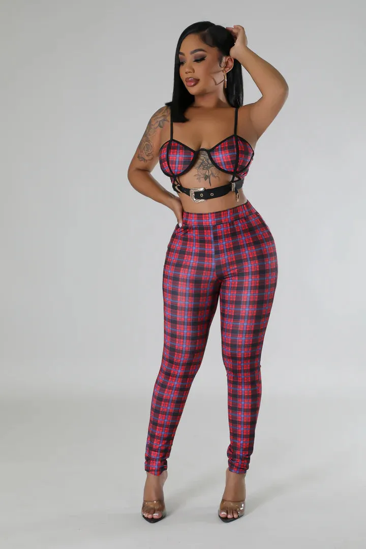 Women's Plaid Strap Bra Top High Waisted Red/Blue Pant Set