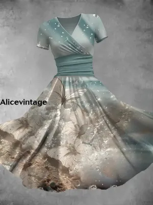 Women's Retro Butterfly Art Print V-Neck Maxi Dress