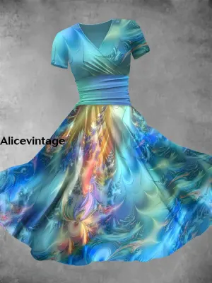 Women's Retro Colorful Illustration Art Print V-Neck Midi Dress