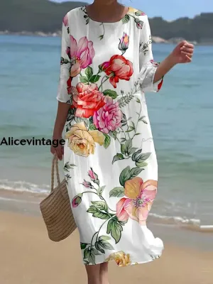 Women's Retro Floral Art Print Round Neck Maxi Dress
