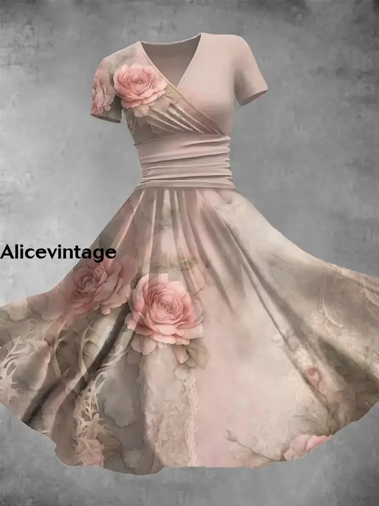 Women's Retro Lace Floral Art Print V-Neck Maxi Dress