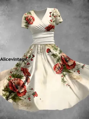 Women's Retro Poppy Flower Art Print V-Neck Midi Dress