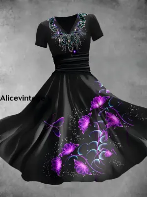 Women's Retro Purple Diamond Art Print V-Neck Midi Dress