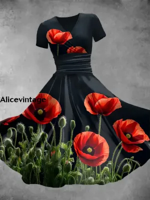 Women's Retro V-Neck Poppy Art Print Short Sleeve Casual Dress