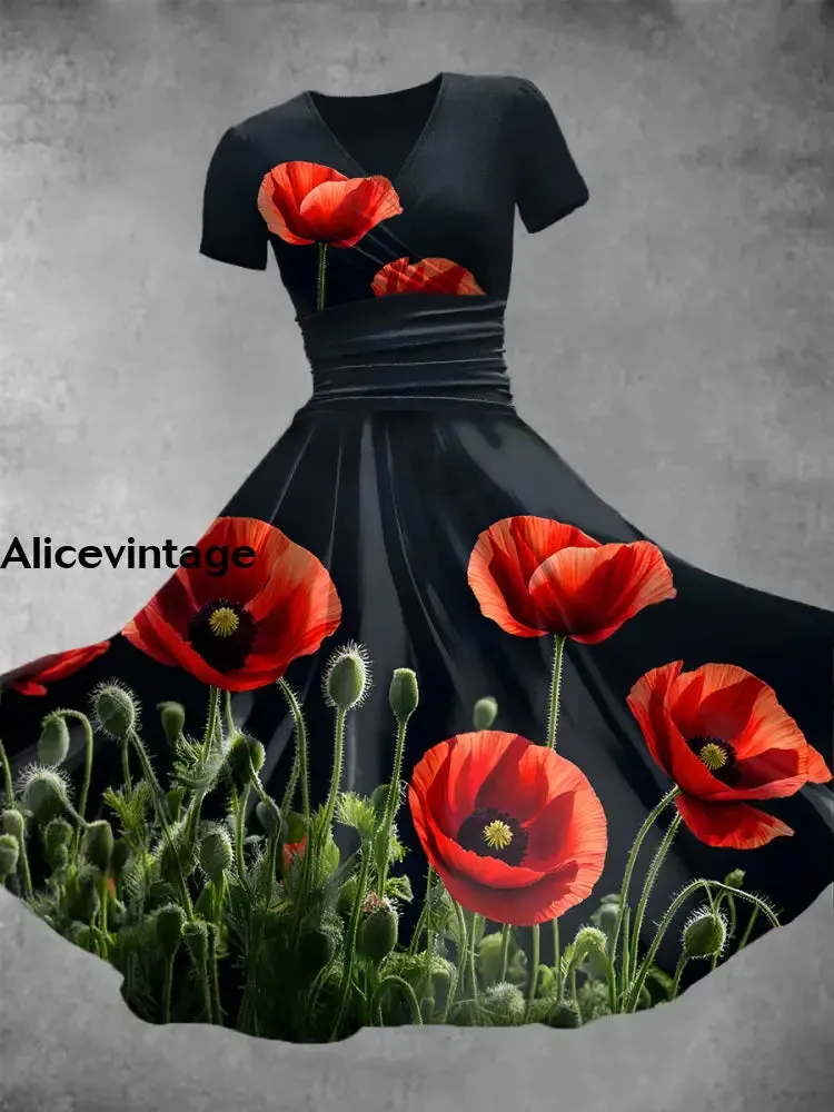 Women's Retro V-Neck Poppy Art Print Short Sleeve Casual Dress